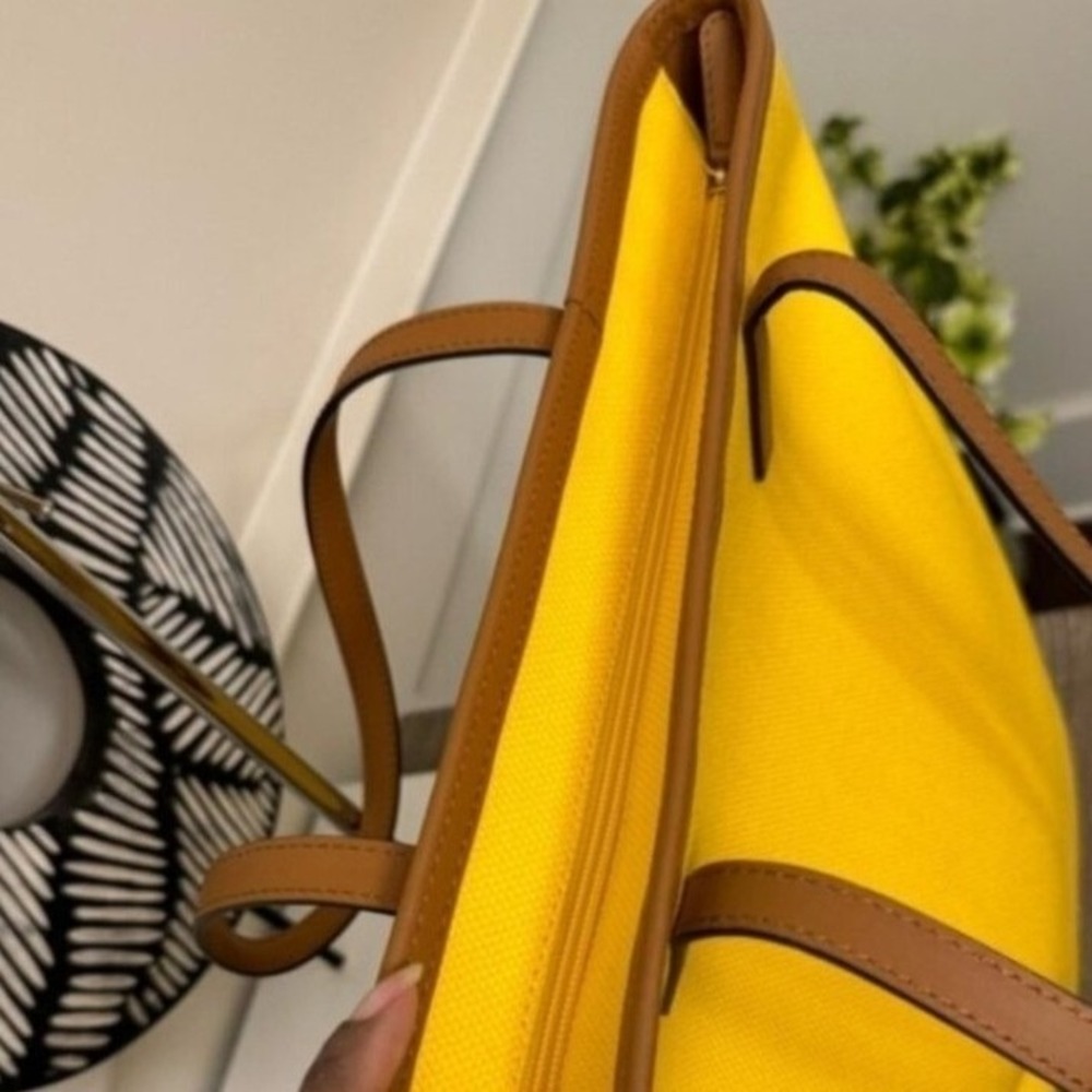 Michael Kors Yellow Canvas Satchel Tote Bag Tan Leather Trim Gold Hardware Large - Picture 8 of 10